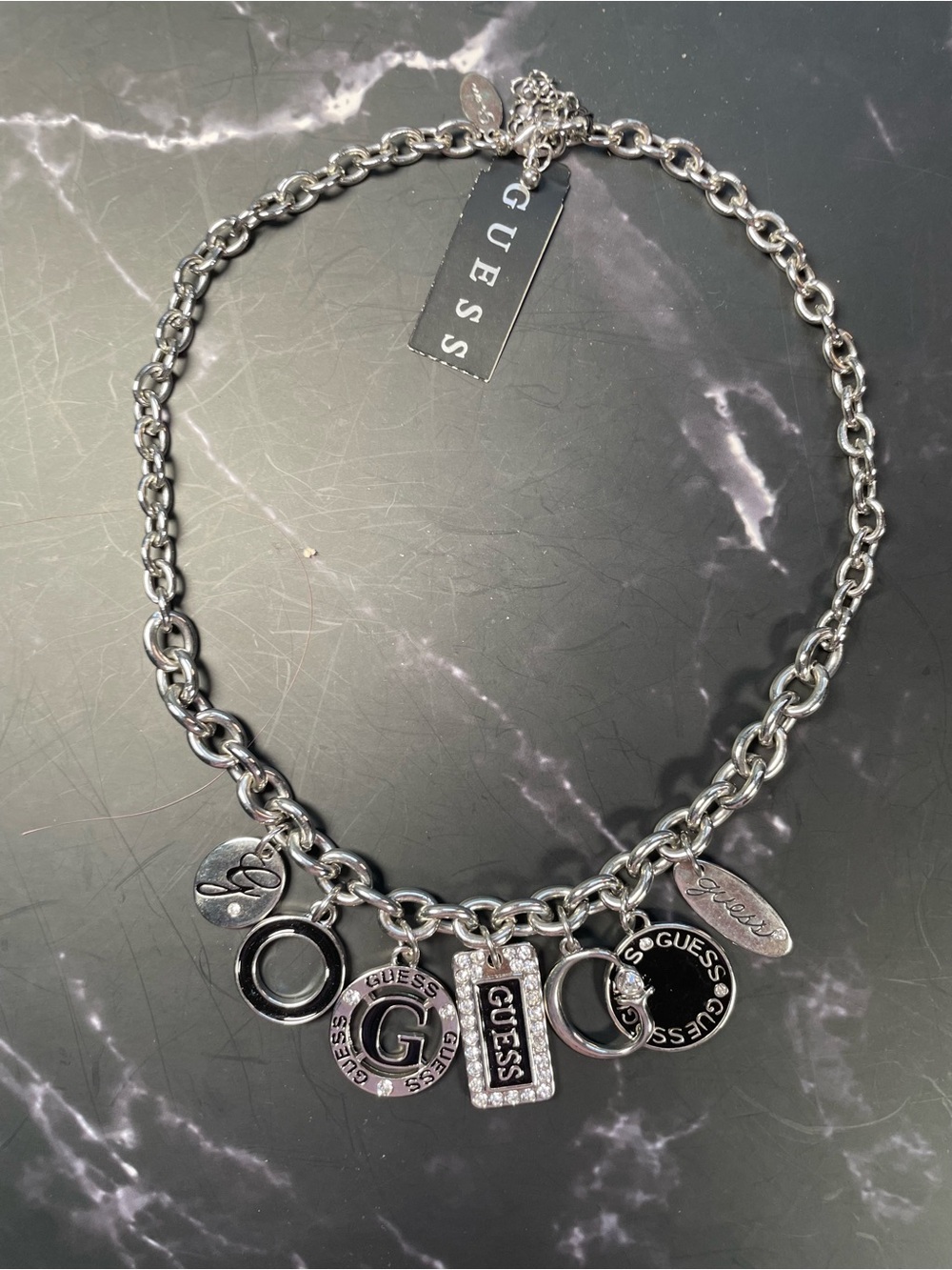 GUESS Silver Tone Multi-Charm Statement Necklace Chunky Chain Y2K 20"